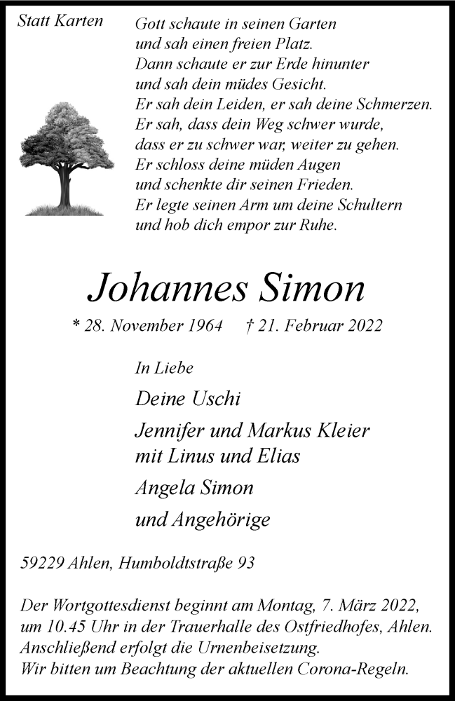  Traueranzeige für Johannes Simon vom 02.03.2022 aus 