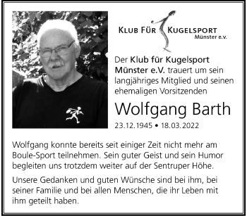 Anzeige von Wolfgang Barth 
