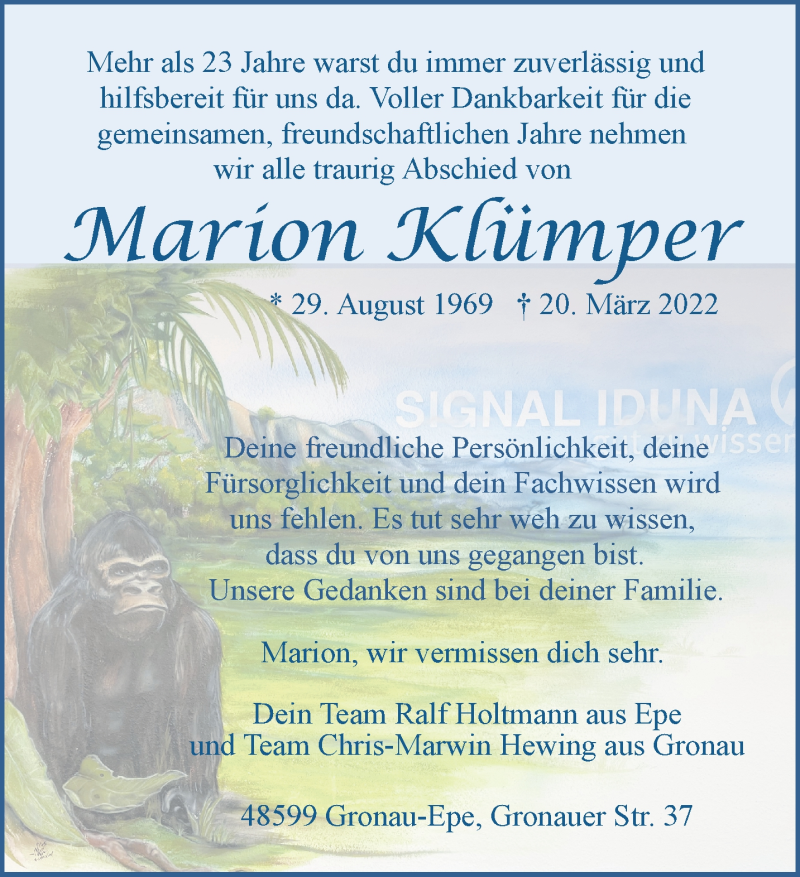  Traueranzeige für Marion Klümper vom 26.03.2022 aus 