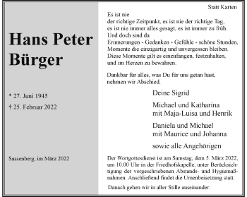 Anzeige von Hans Peter Bürger 