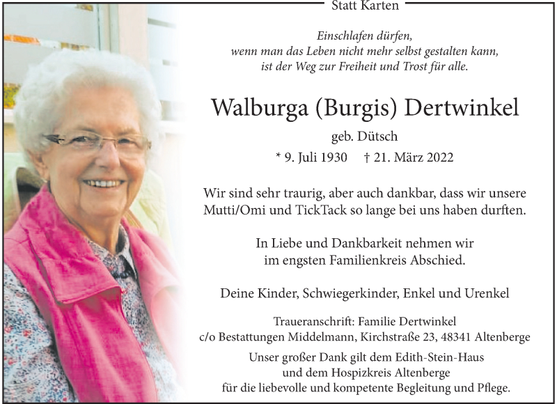  Traueranzeige für Walburga Dertwinkel vom 26.03.2022 aus 