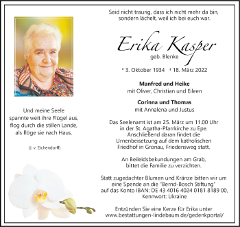 Anzeige von Erika Kasper 