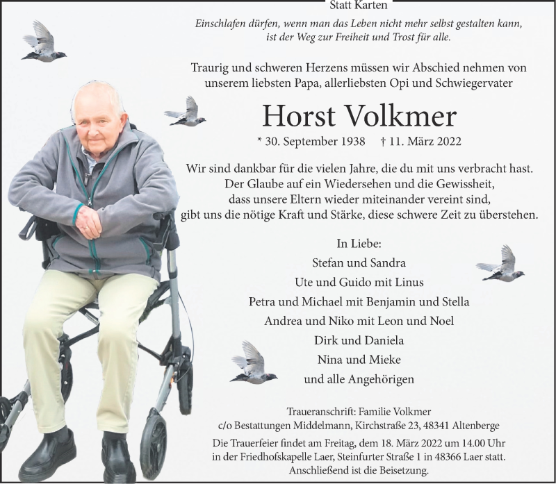  Traueranzeige für Horst Volkmer vom 16.03.2022 aus 