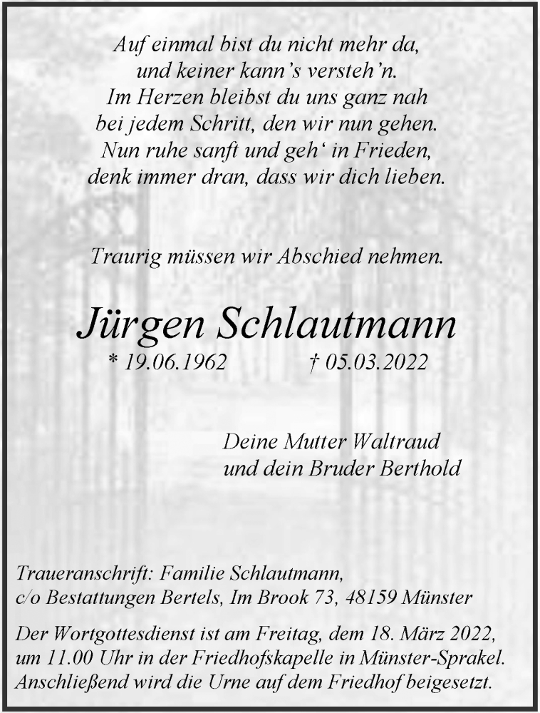  Traueranzeige für Jürgen Schlautmann vom 16.03.2022 aus 