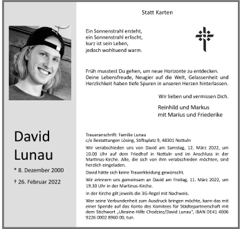 Anzeige von David Lunau 