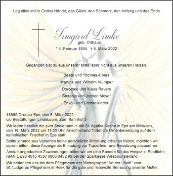 Anzeige von Irmgard Limke 