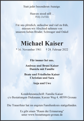 Anzeige von Michael Kaiser 