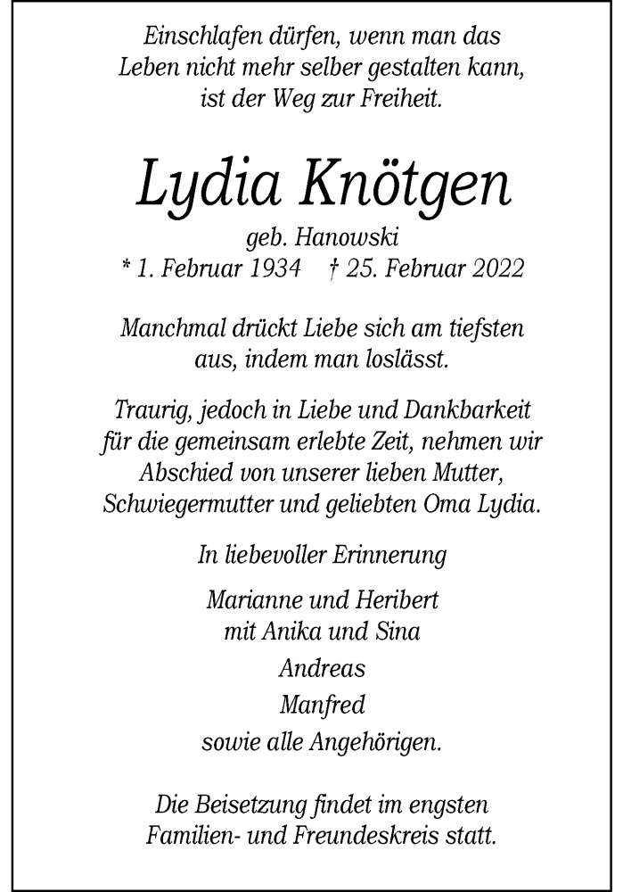 Traueranzeige für Lydia Knötgen vom 05.03.2022 aus 