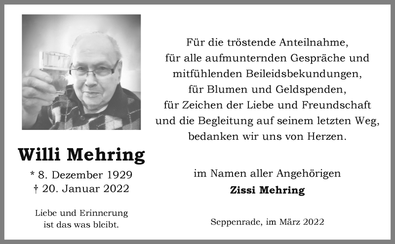  Traueranzeige für Willi Mehring vom 01.03.2022 aus 