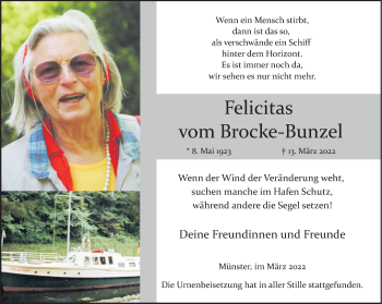 Anzeige von Felicitas vom Brocke-Bunzel 