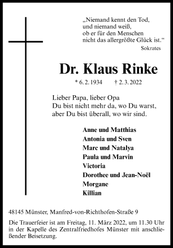 Anzeige von Klaus Rinke 
