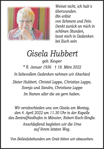 Anzeige von Gisela Hubbert 