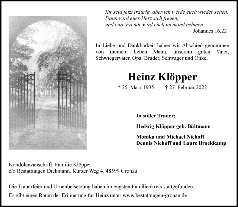  Traueranzeige für Heinz Klöpper vom 12.03.2022 aus 