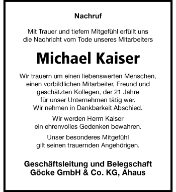 Anzeige von Michael Kaiser 