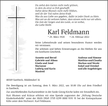 Anzeige von Karl Feldmann 