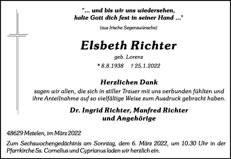  Traueranzeige für Elsbeth Richter vom 03.03.2022 aus 