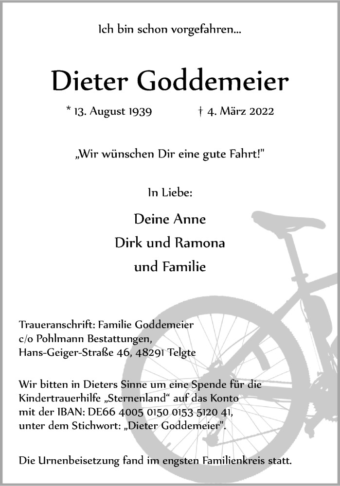  Traueranzeige für Dieter Goddemeier vom 19.03.2022 aus 