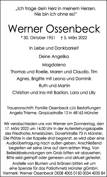 Anzeige von Werner Ossenbeck 