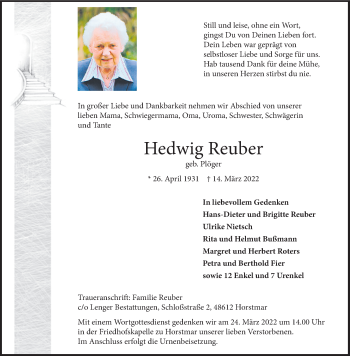 Anzeige von Hedwig Reuber 