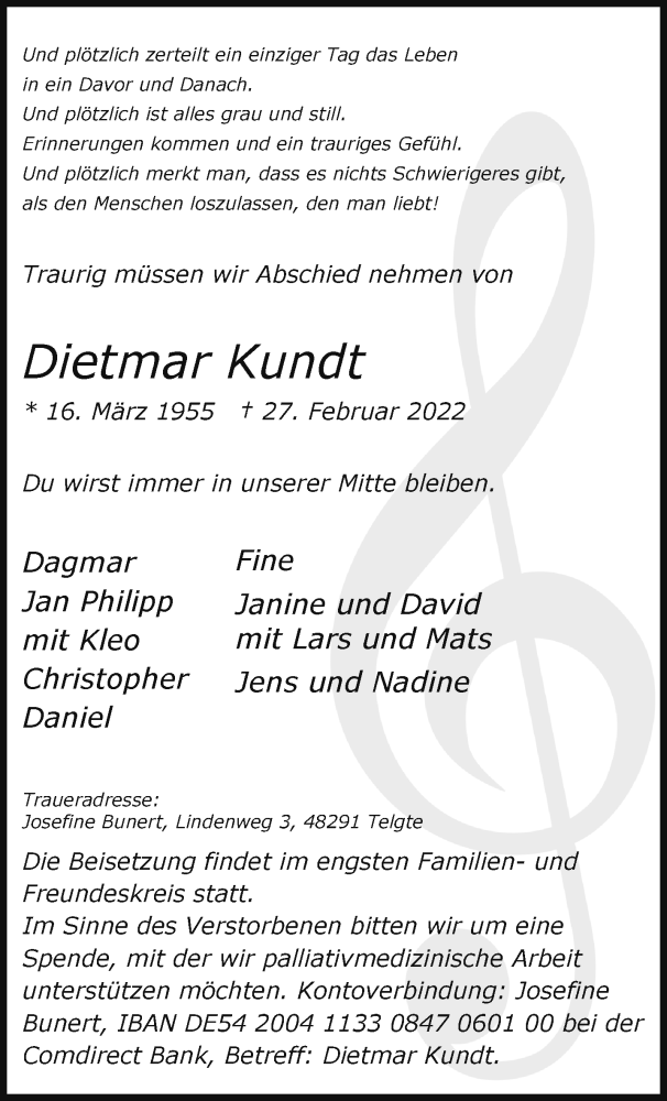  Traueranzeige für Dietmar Kundt vom 05.03.2022 aus 
