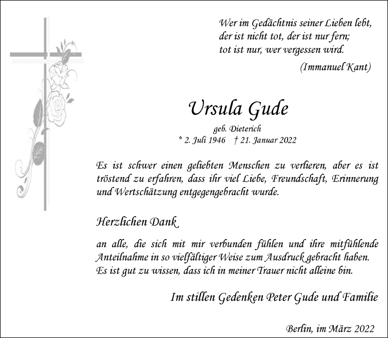  Traueranzeige für Ursula Gude vom 15.03.2022 aus 