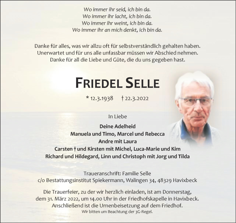  Traueranzeige für Friedel Selle vom 26.03.2022 aus 
