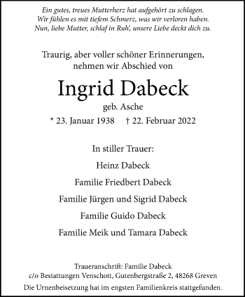 Anzeige von Ingrid Dabeck 