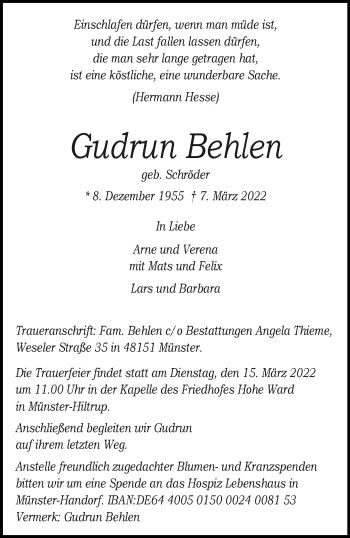 Anzeige von Gudrun Behlen 