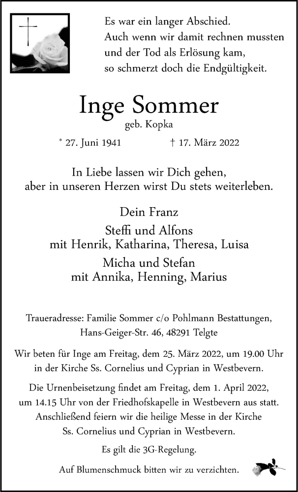  Traueranzeige für Inge Sommer vom 23.03.2022 aus 