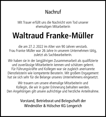 Anzeige von Waltraud Franke-Müller 