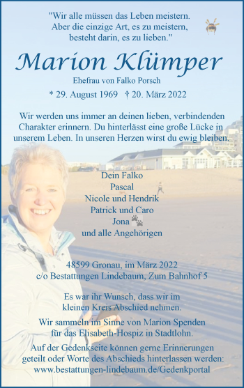 Anzeige von Marion Klümper 