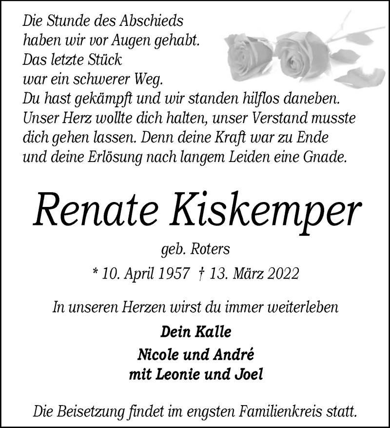  Traueranzeige für Renate Kiskemper vom 19.03.2022 aus 