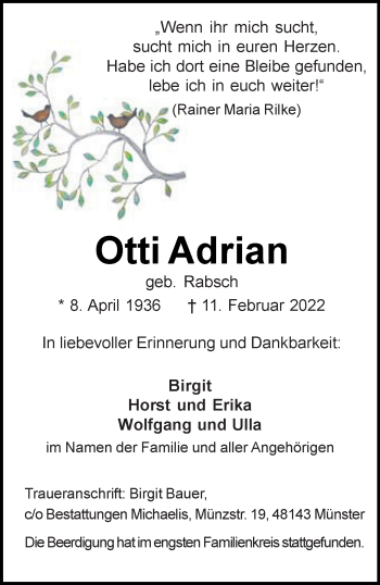 Anzeige von Otti Adrian 