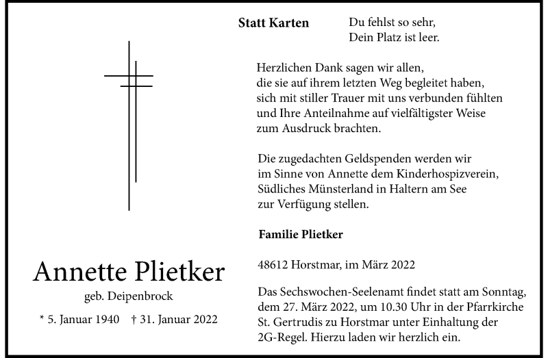 Traueranzeige für Annette Plietker vom 19.03.2022 aus 