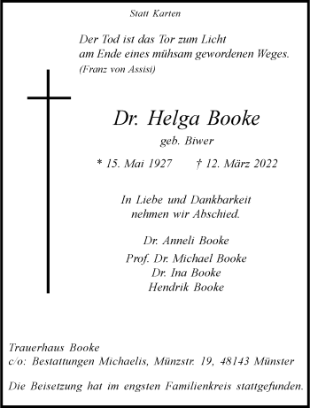 Anzeige von Helga Booke 