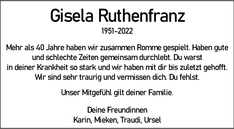 Traueranzeige für Gisela Ruthenfranz vom 05.03.2022 aus 