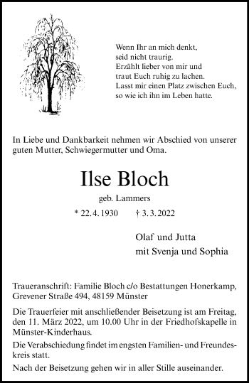 Anzeige von Ilse Bloch 