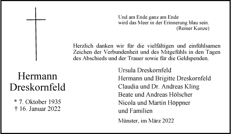  Traueranzeige für Hermann Dreskornfeld vom 19.03.2022 aus 