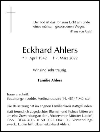 Anzeige von Eckhard Ahlers 