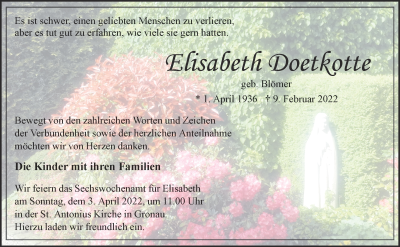  Traueranzeige für Elisabeth Doetkotte vom 26.03.2022 aus 
