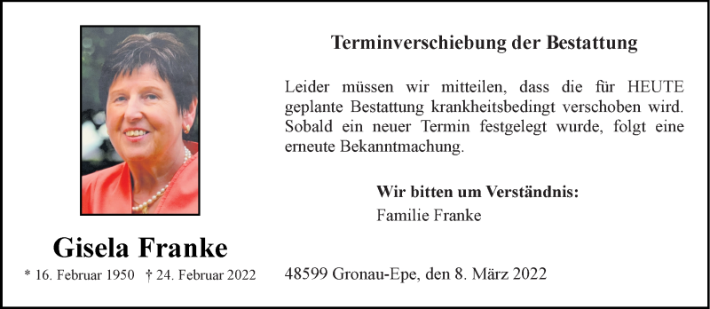  Traueranzeige für Gisela Franke vom 08.03.2022 aus 