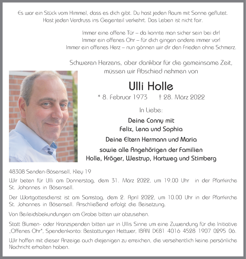  Traueranzeige für Ulli Holle vom 31.03.2022 aus 