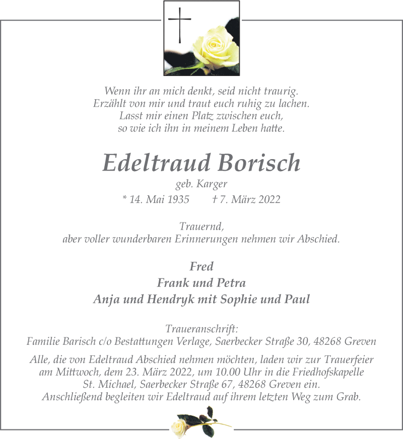  Traueranzeige für Edeltraud Borisch vom 19.03.2022 aus 