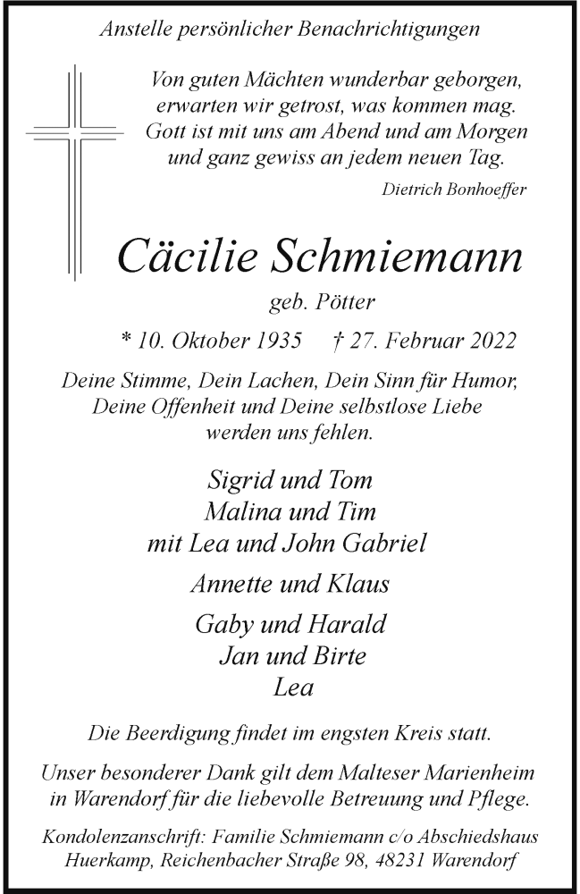  Traueranzeige für Cäcilie Schmiemann vom 02.03.2022 aus 