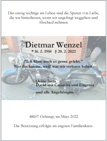 Anzeige von Dietmar Wenzel 