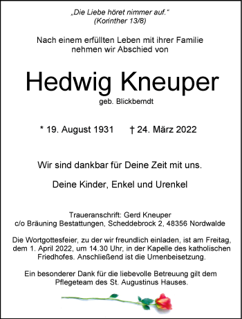 Anzeige von Hedwig Kneuper 