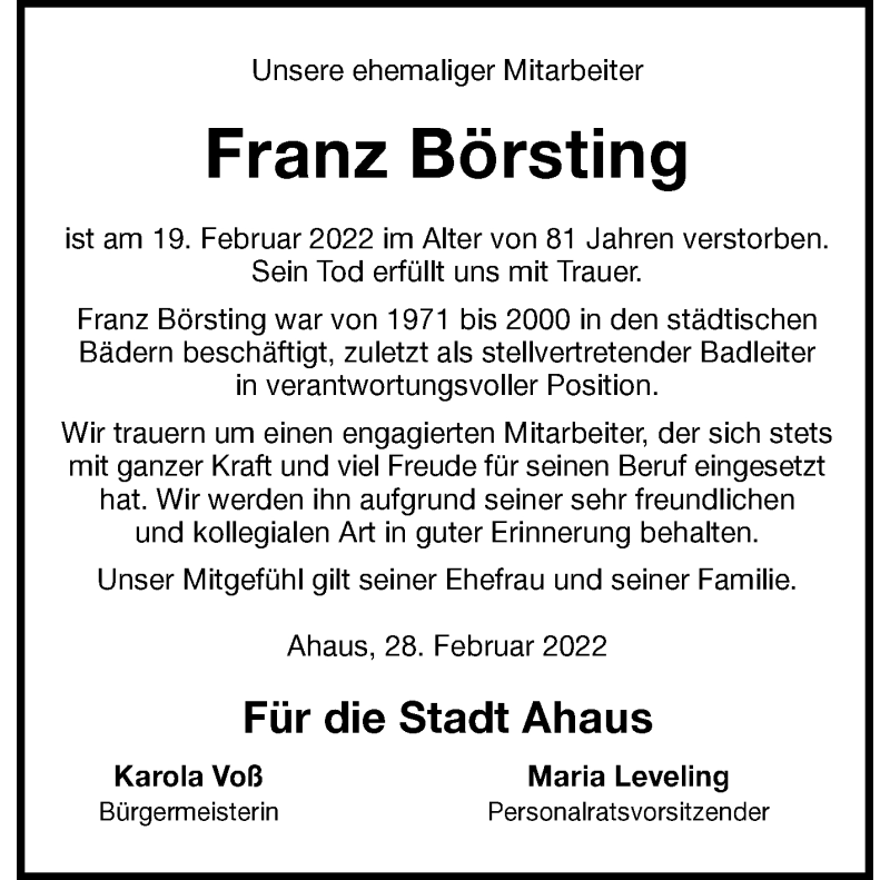  Traueranzeige für Franz Börsting vom 01.03.2022 aus 