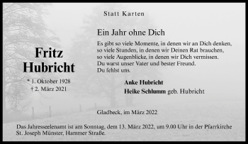 Anzeige von Fritz Hubricht 