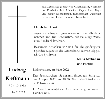 Anzeige von Ludwig Kleffmann 