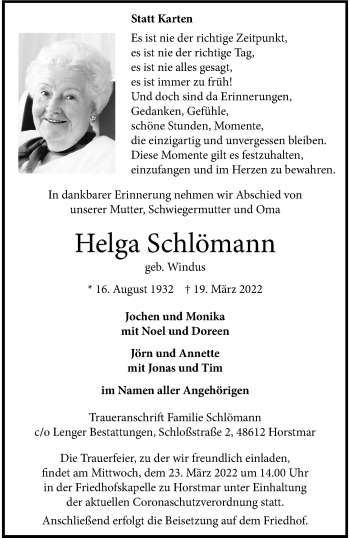 Anzeige von Helga Schlömann 